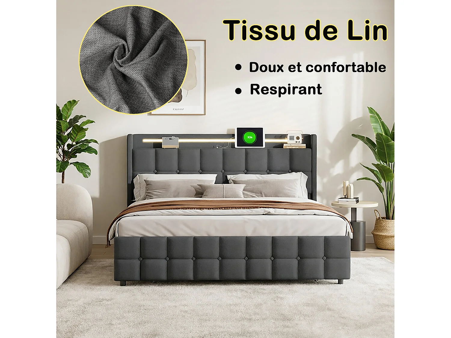 lit double 160x200cm LED,2 USB et 2 Prise,lit adulte adolescent avec 4 tiroir, cadre de lit coffre avec sommier, tissu en lin,gris