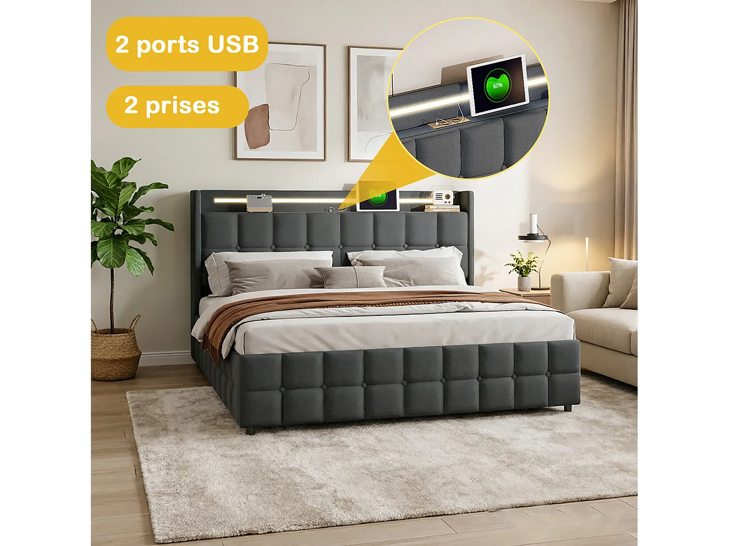 lit double 160x200cm LED,2 USB et 2 Prise,lit adulte adolescent avec 4 tiroir, cadre de lit coffre avec sommier, tissu en lin,gris