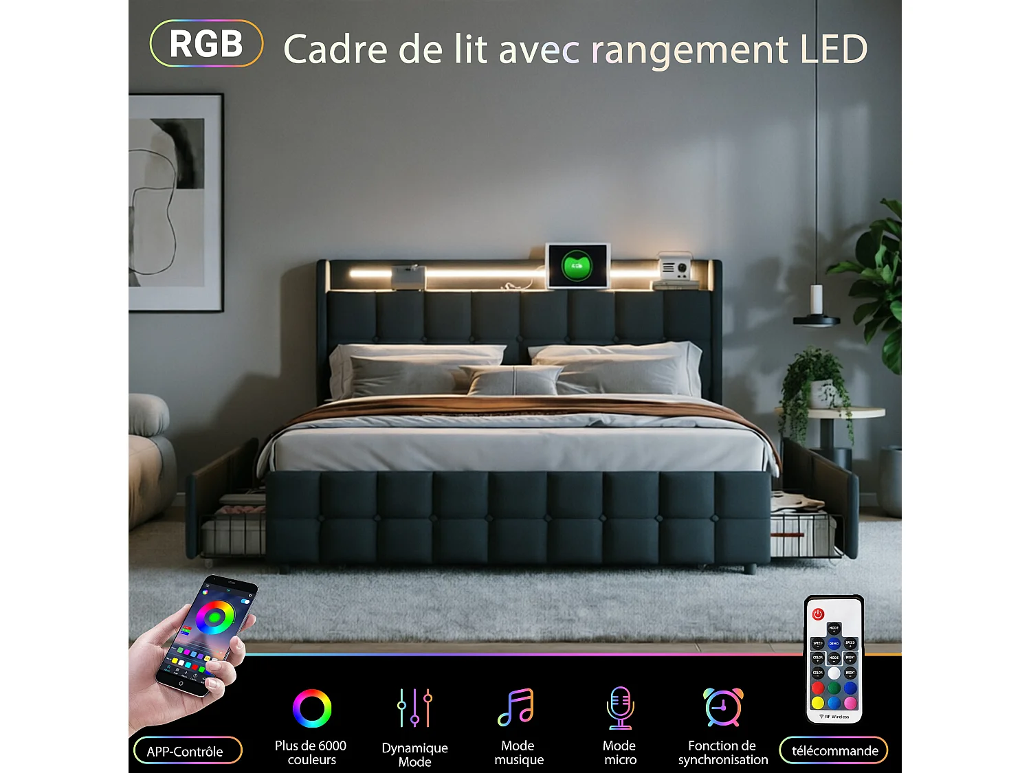 lit double 160x200cm LED,2 USB et 2 Prise,lit adulte adolescent avec 4 tiroir, cadre de lit coffre avec sommier, tissu en lin,gris