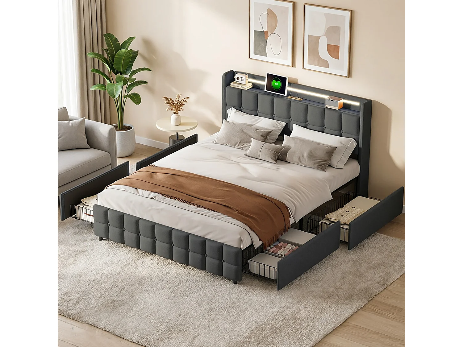 lit double 160x200cm LED,2 USB et 2 Prise,lit adulte adolescent avec 4 tiroir, cadre de lit coffre avec sommier, tissu en lin,gris