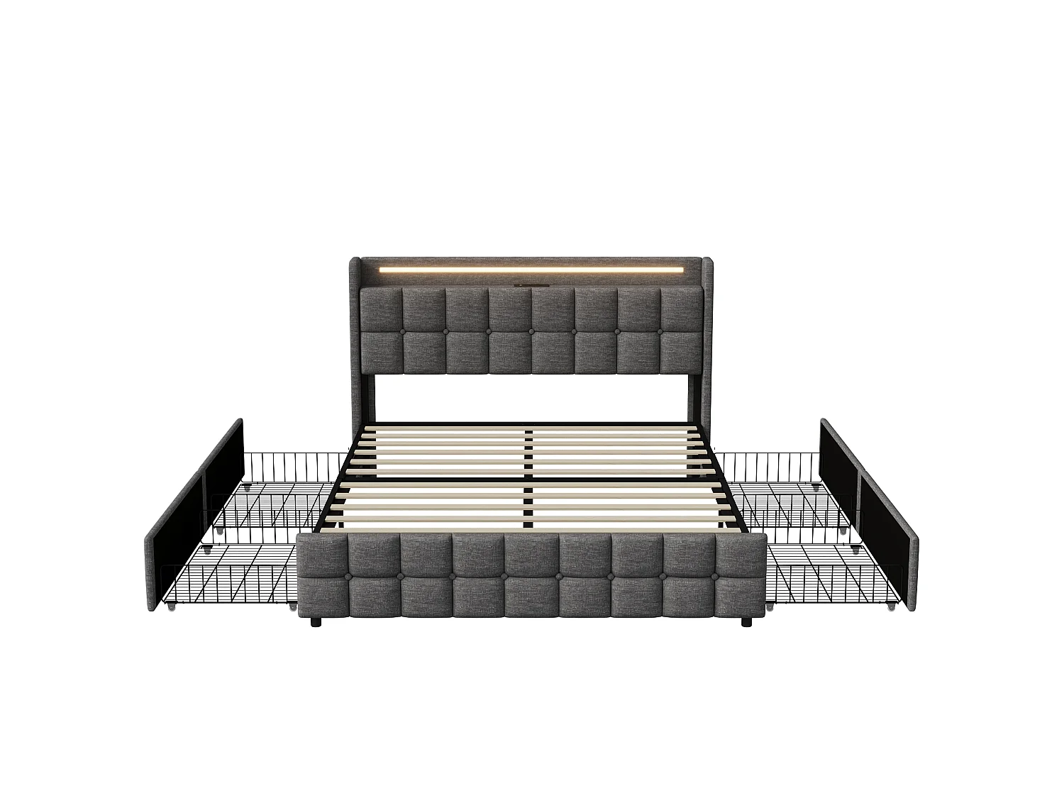 lit double 160x200cm LED,2 USB et 2 Prise,lit adulte adolescent avec 4 tiroir, cadre de lit coffre avec sommier, tissu en lin,gris