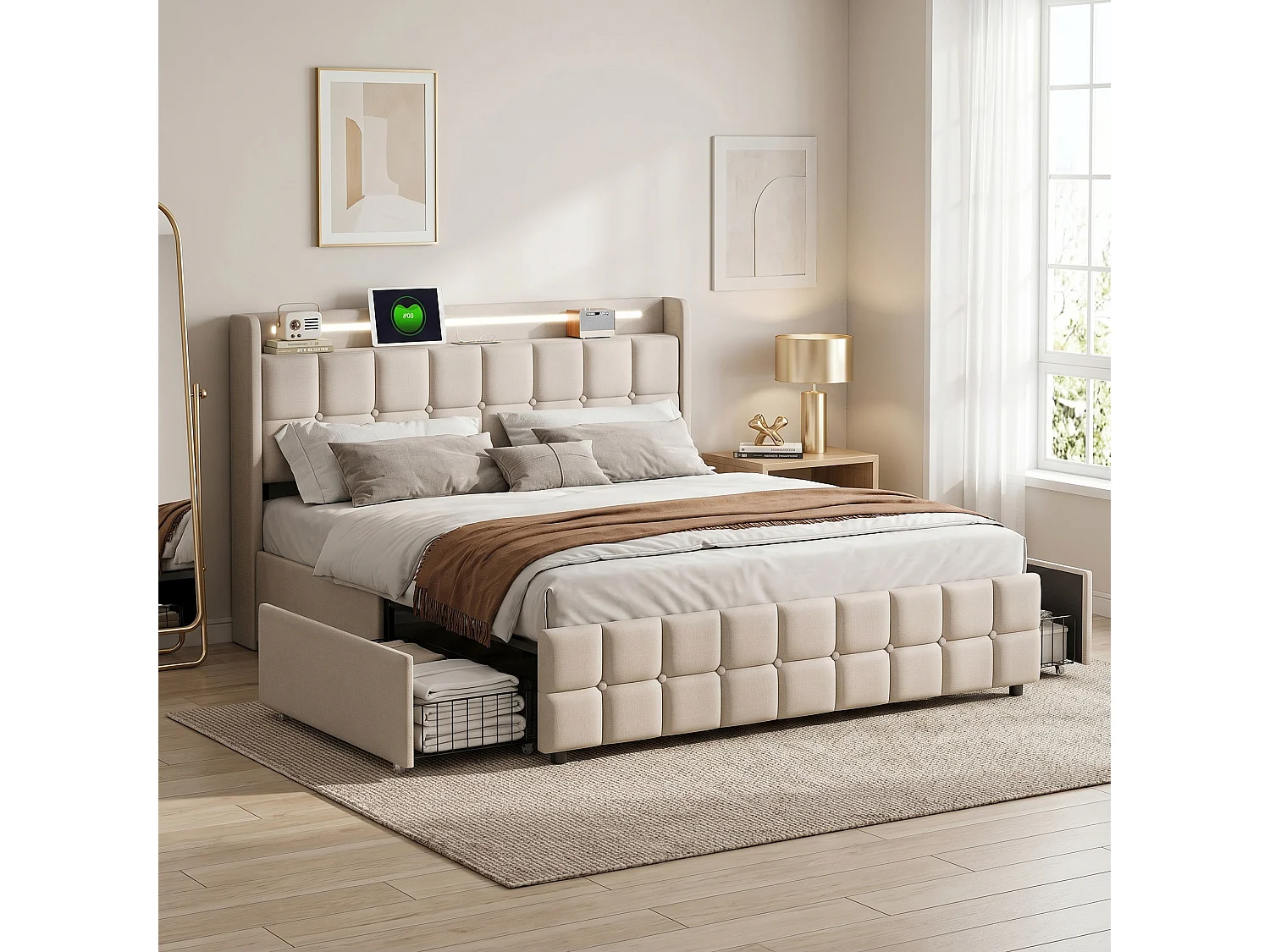 Gestoffeerd bed 160x200 cm met LED-verlichting - Tweepersoonsbed met USB-poorten en 4 lades, opbergruimte, beige