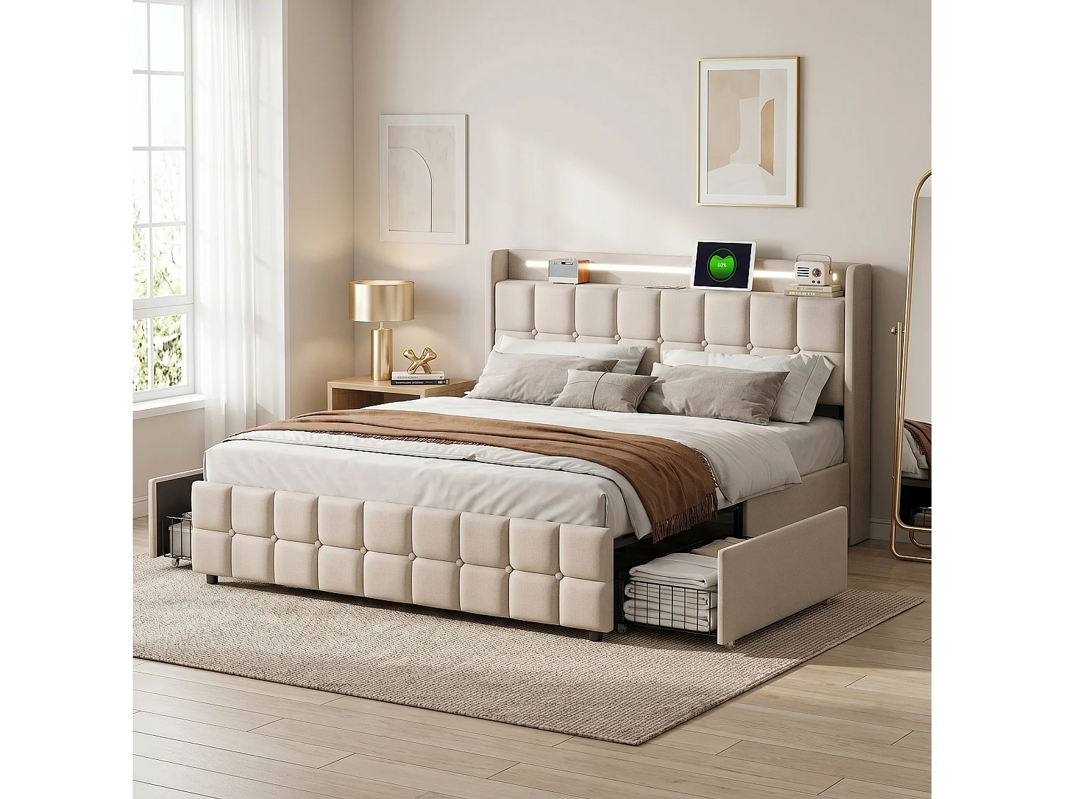 Gestoffeerd bed 160x200 cm met LED-verlichting - Tweepersoonsbed met USB-poorten en 4 lades, opbergruimte, beige