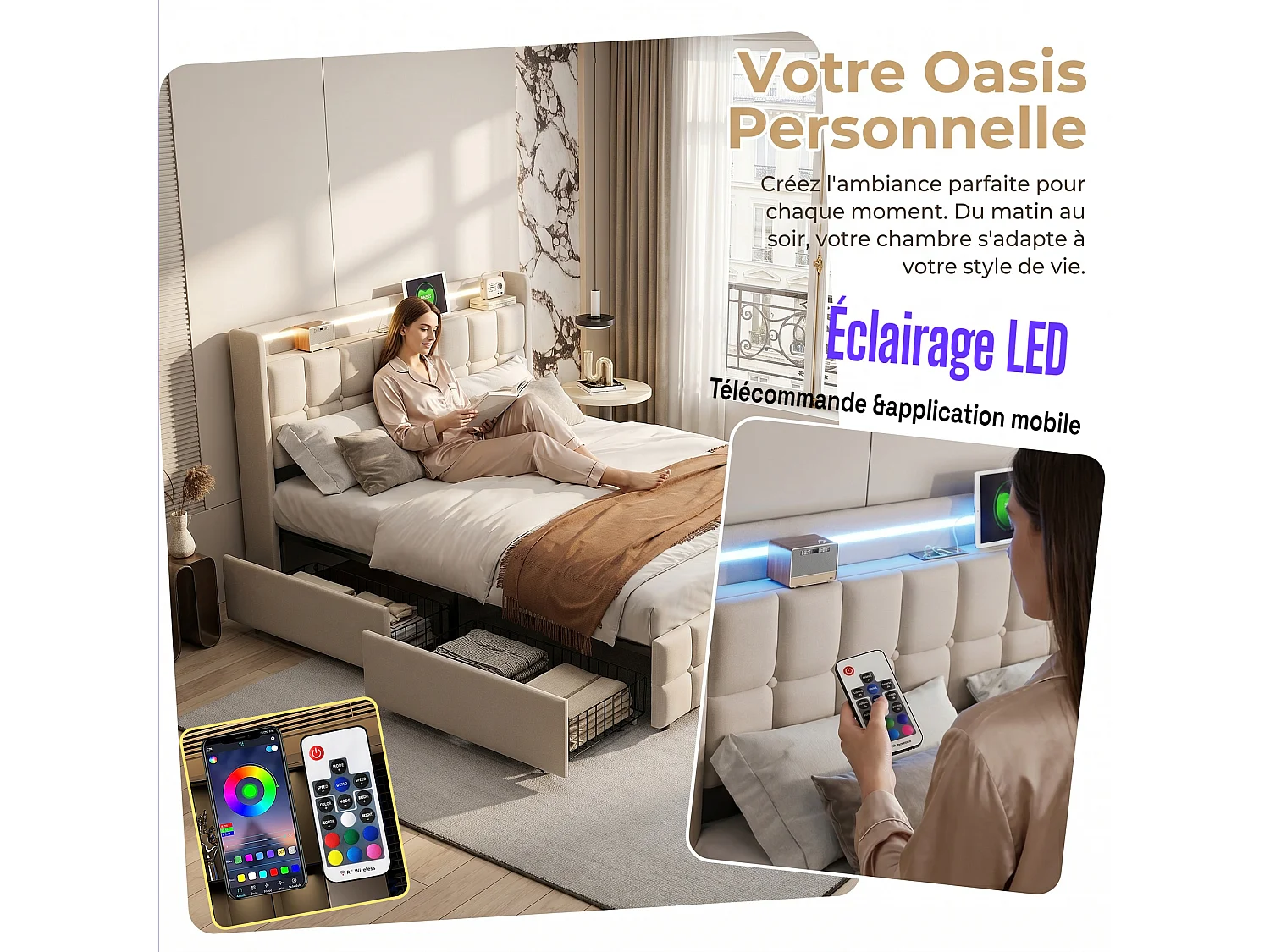 Gestoffeerd bed 160x200 cm met LED-verlichting - Tweepersoonsbed met USB-poorten en 4 lades, opbergruimte, beige