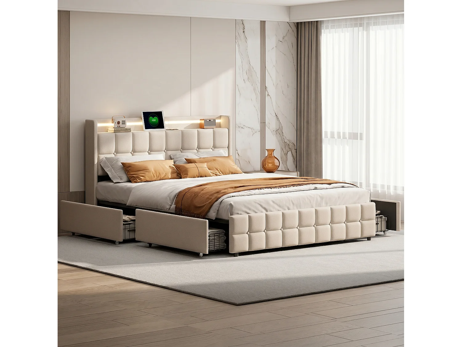 Gestoffeerd bed 160x200 cm met LED-verlichting - Tweepersoonsbed met USB-poorten en 4 lades, opbergruimte, beige