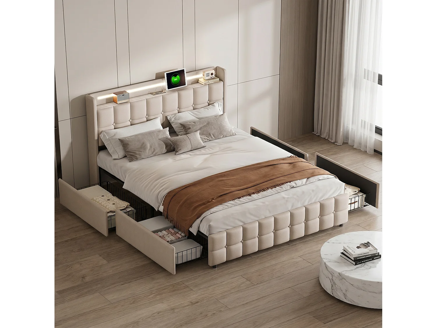 Gestoffeerd bed 160x200 cm met LED-verlichting - Tweepersoonsbed met USB-poorten en 4 lades, opbergruimte, beige