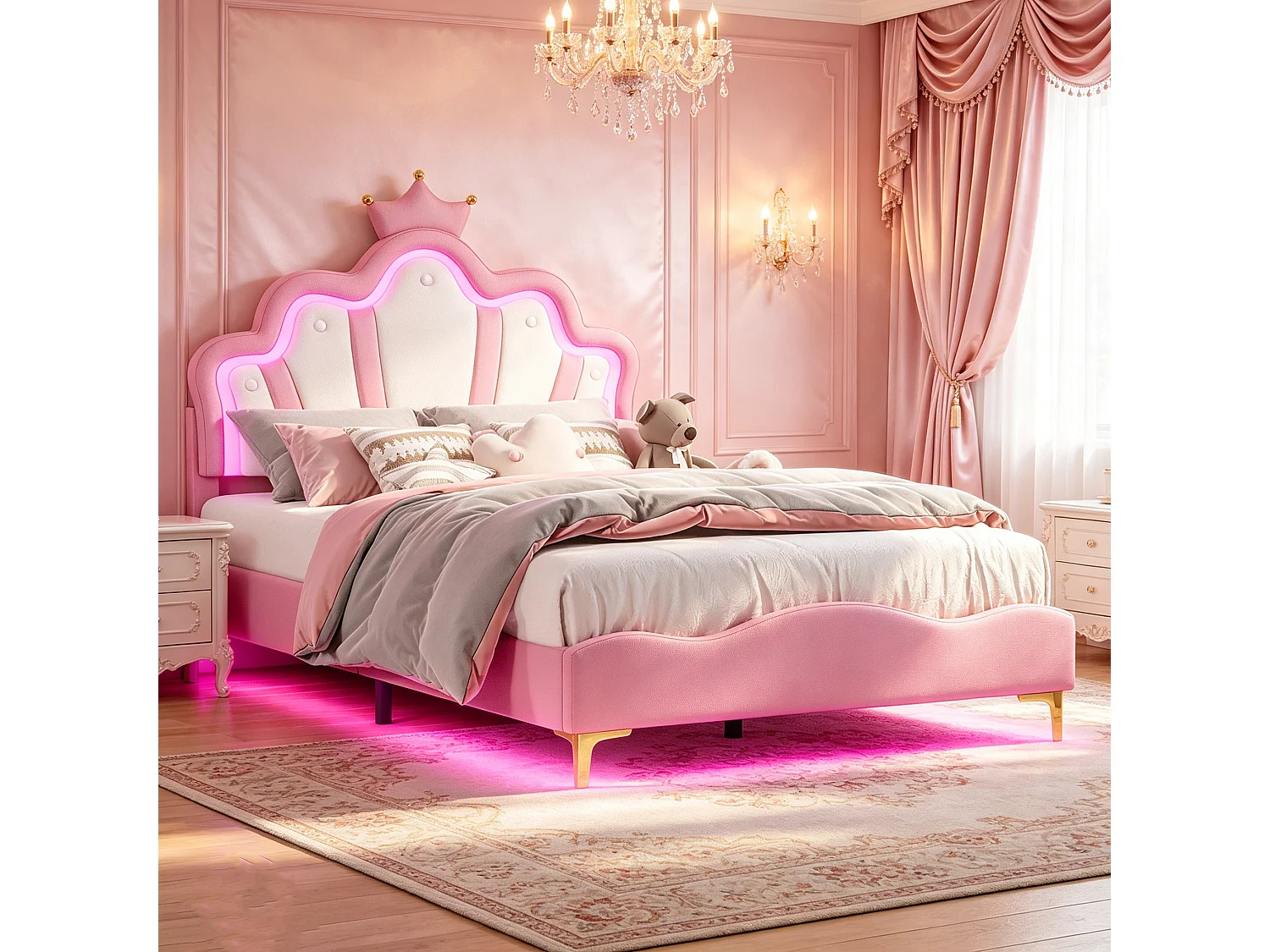 Lit Enfant Fille 140x190CM - Tête de lit Couronne LED RGB - Tête réglable - Cadre flottant - Lit princesse Sommier inclus - Tissu PU -Rose