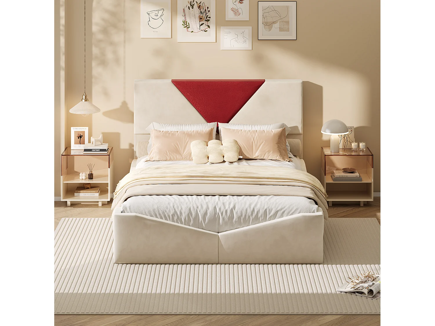 Lit Double 160x200CM avec 4 Tiroirs - Tête de Lit Triangulaire - Cadre de Lit Adulte/Adolescent avec Sommier -Tissu Velours - Beige