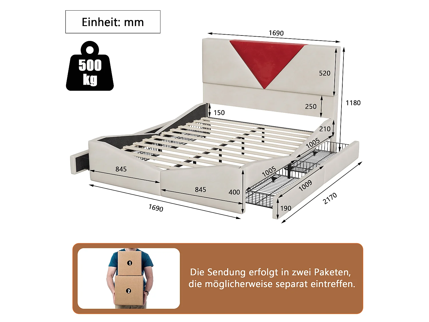 Lit Double 160x200CM avec 4 Tiroirs - Tête de Lit Triangulaire - Cadre de Lit Adulte/Adolescent avec Sommier -Tissu Velours - Beige