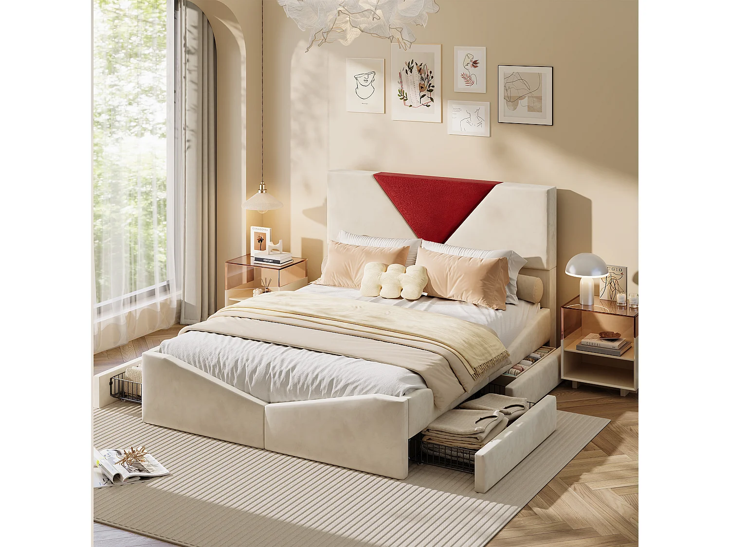 Lit Double 160x200CM avec 4 Tiroirs - Tête de Lit Triangulaire - Cadre de Lit Adulte/Adolescent avec Sommier -Tissu Velours - Beige