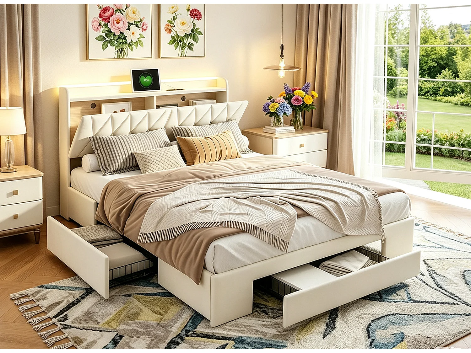 Lit Double 140x190cm avec 3 Tiroirs, Prises USB-C et 2 Prises EU, LED intégré, cadre de lit 2 personnes avec sommier,Velours Beige
