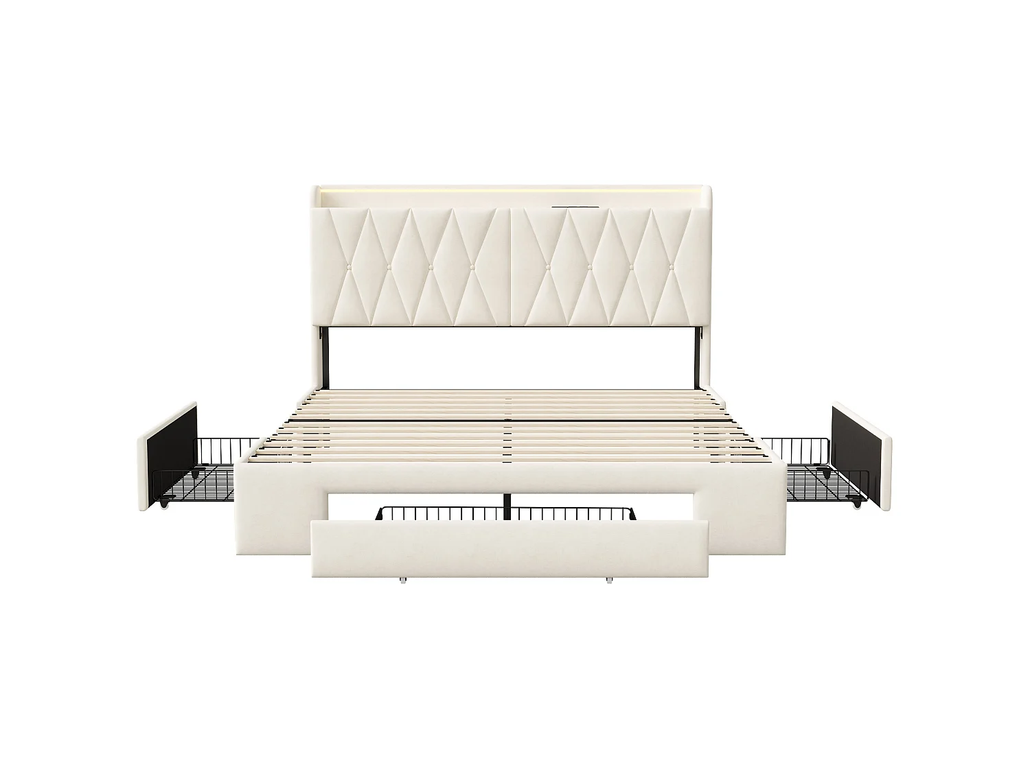Lit Double 140x190cm avec 3 Tiroirs, Prises USB-C et 2 Prises EU, LED intégré, cadre de lit 2 personnes avec sommier,Velours Beige