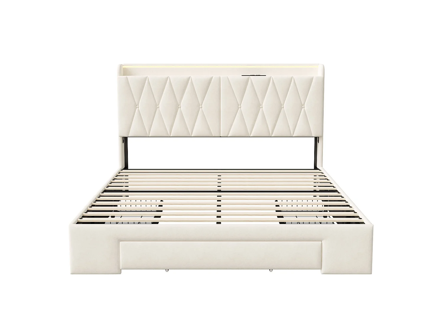 Lit Double 140x190cm avec 3 Tiroirs, Prises USB-C et 2 Prises EU, LED intégré, cadre de lit 2 personnes avec sommier,Velours Beige
