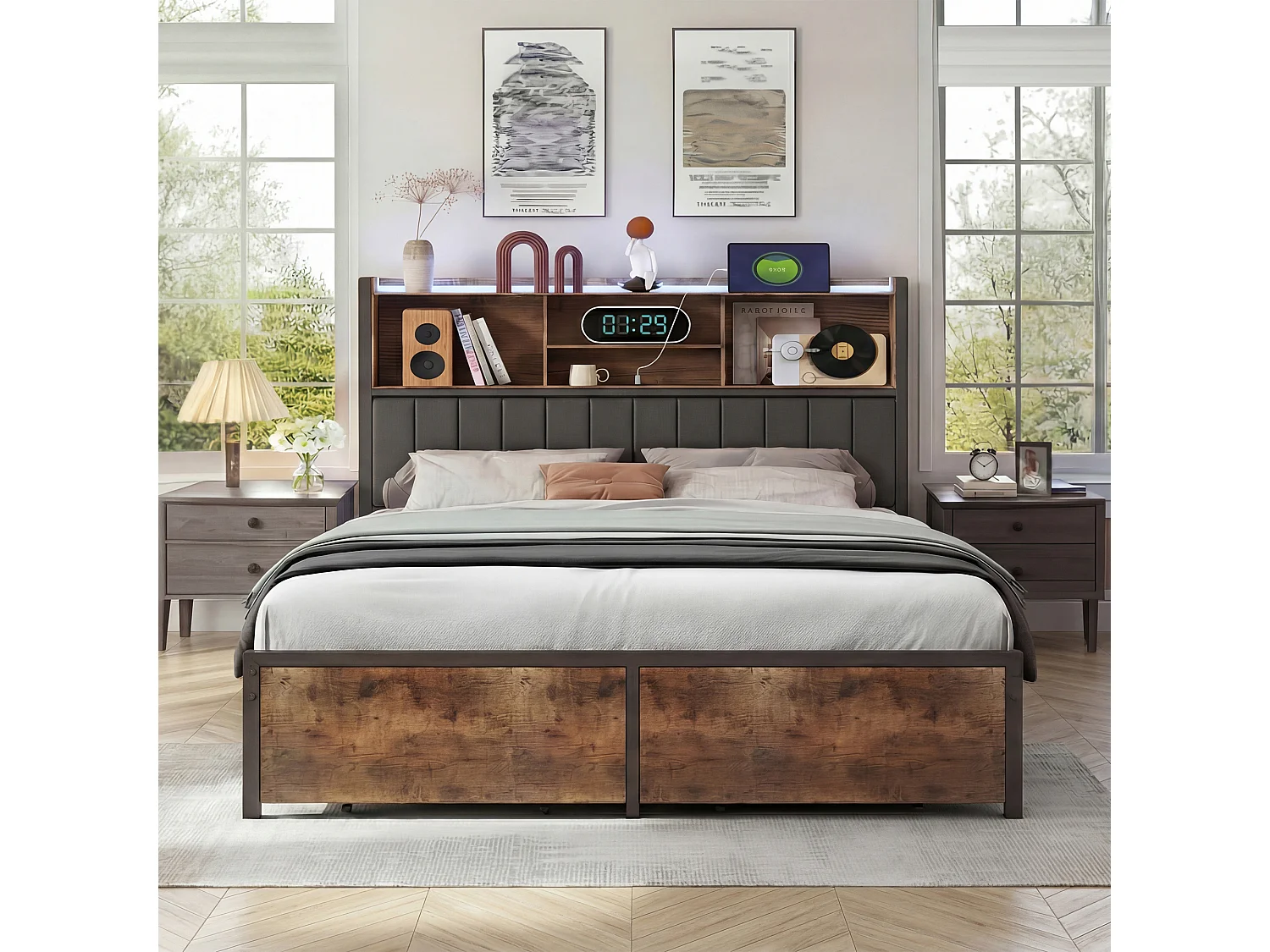 Lit 160x200 Cadre en Fer avec LED et USB et Type-C,Lit Double avec 2 Tiroirs de Rangement,Lit rembourré sommier à lattes,PU,Noir