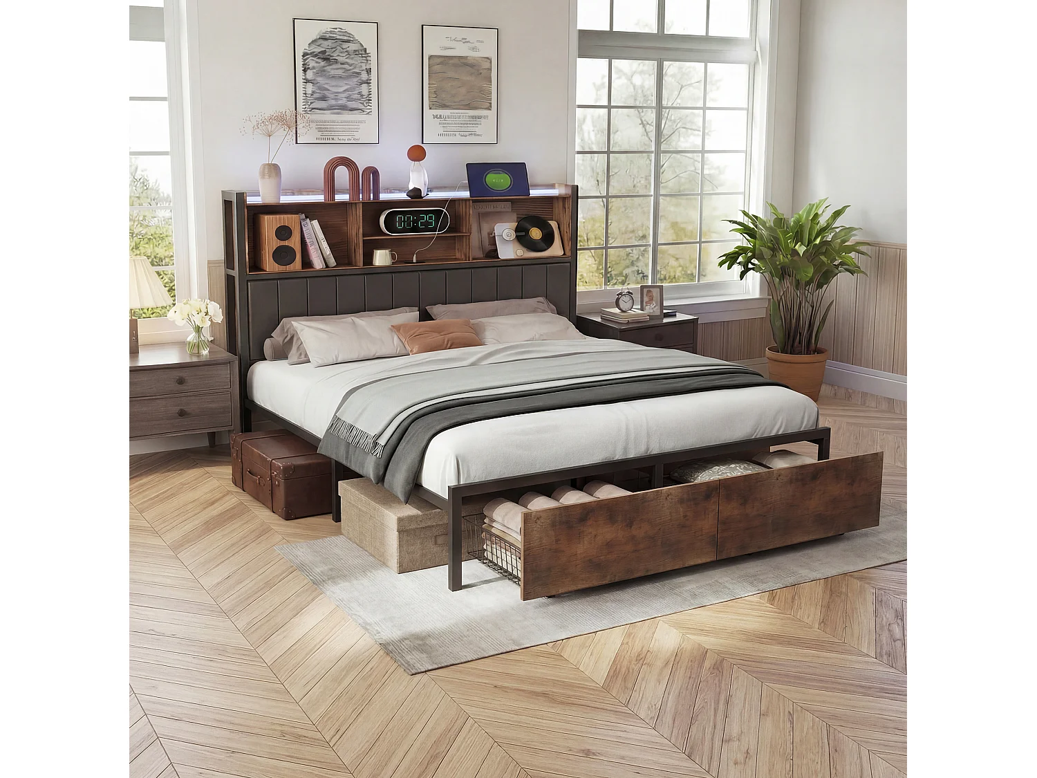 Lit 160x200 Cadre en Fer avec LED et USB et Type-C,Lit Double avec 2 Tiroirs de Rangement,Lit rembourré sommier à lattes,PU,Noir