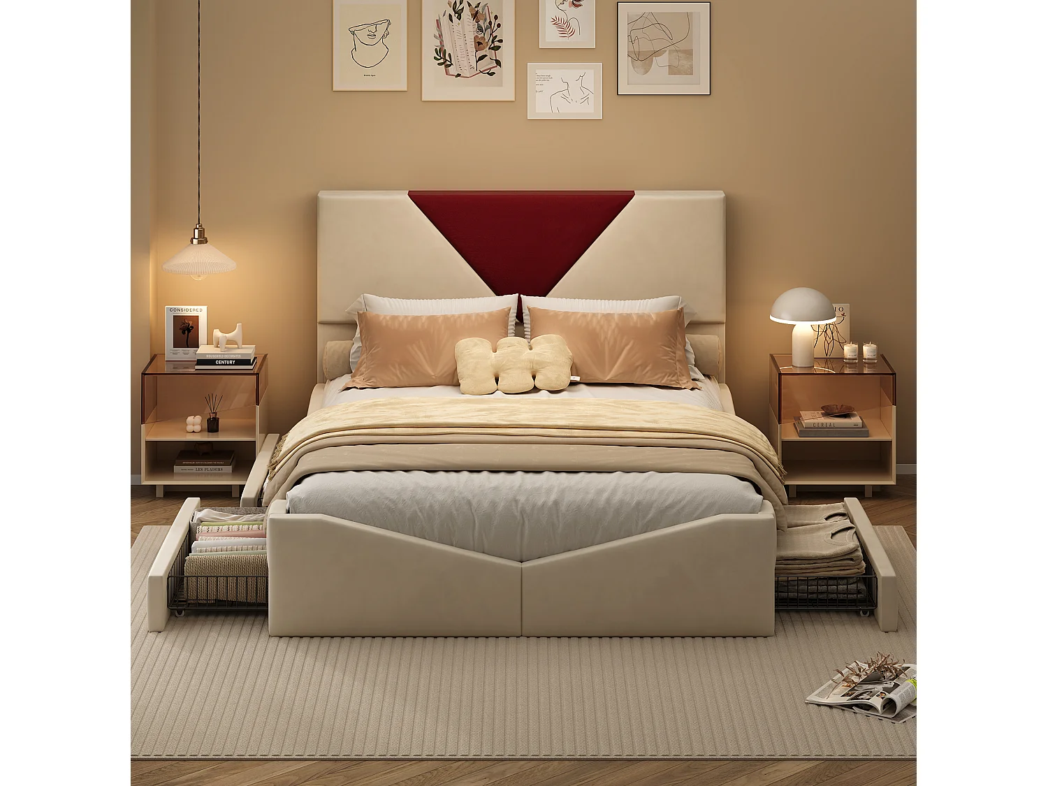 Letto matrimoniale 140x200 cm con 4 cassetti - Testiera triangolare - Struttura letto per adulti/ragazzi con rete a doghe - Tessuto in velluto - Beige