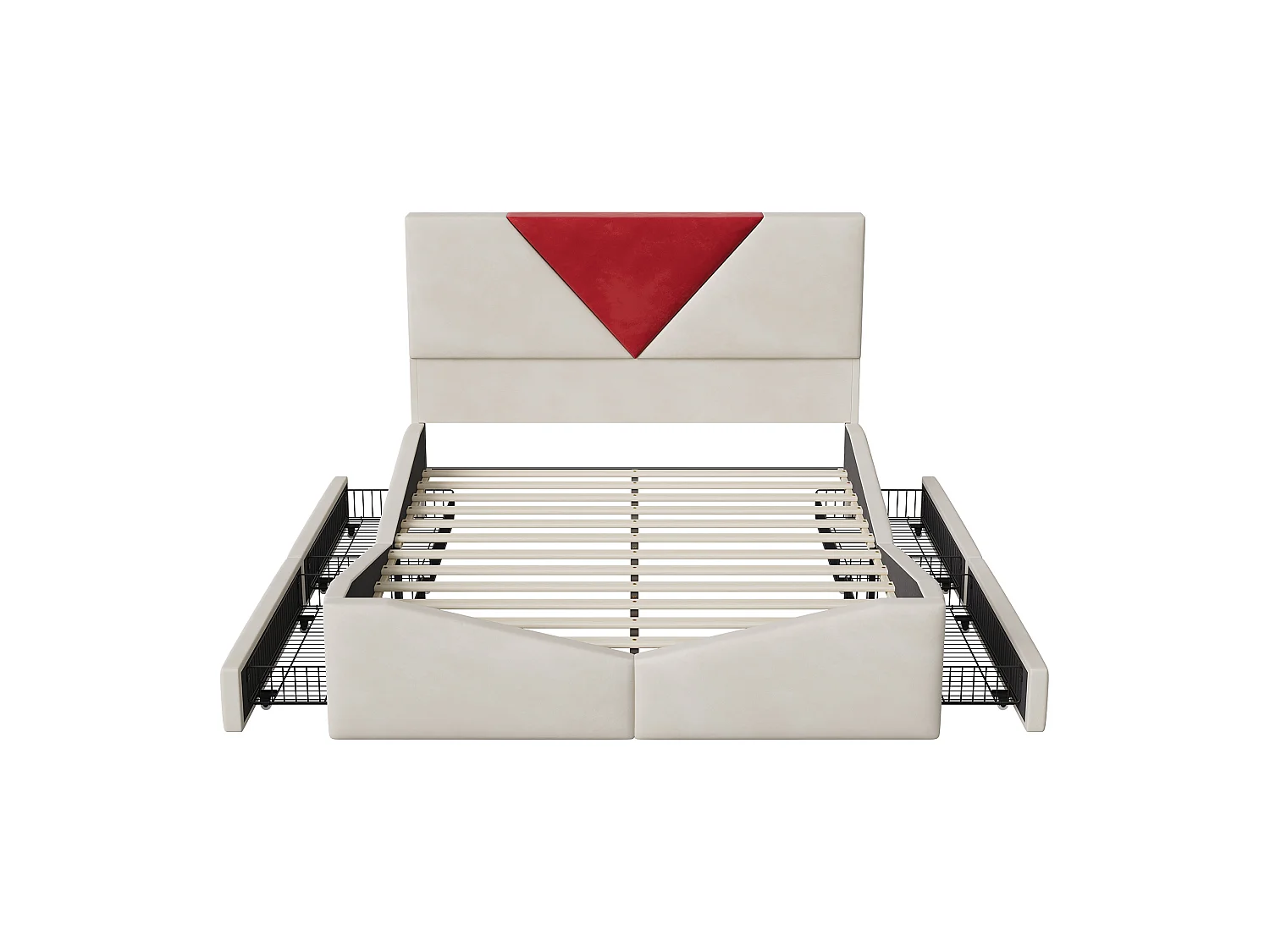 Letto matrimoniale 140x200 cm con 4 cassetti - Testiera triangolare - Struttura letto per adulti/ragazzi con rete a doghe - Tessuto in velluto - Beige