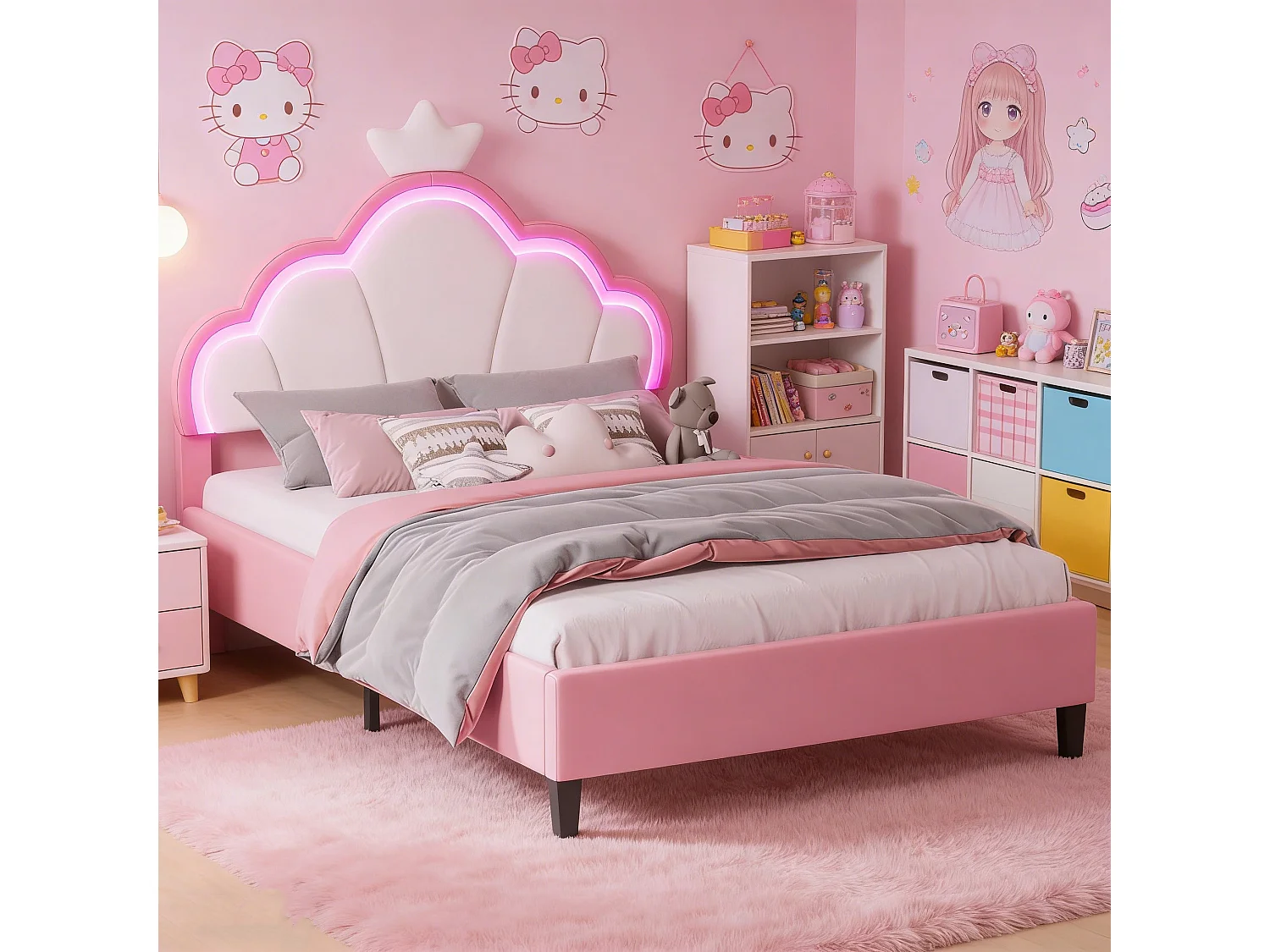 Lit Enfant Fille 140x190cm,Lits Princesse LED RGB,Tête de Lit Capitonné,Cadre de Lit Enfant avec Sommier Lattes,Velours Rose