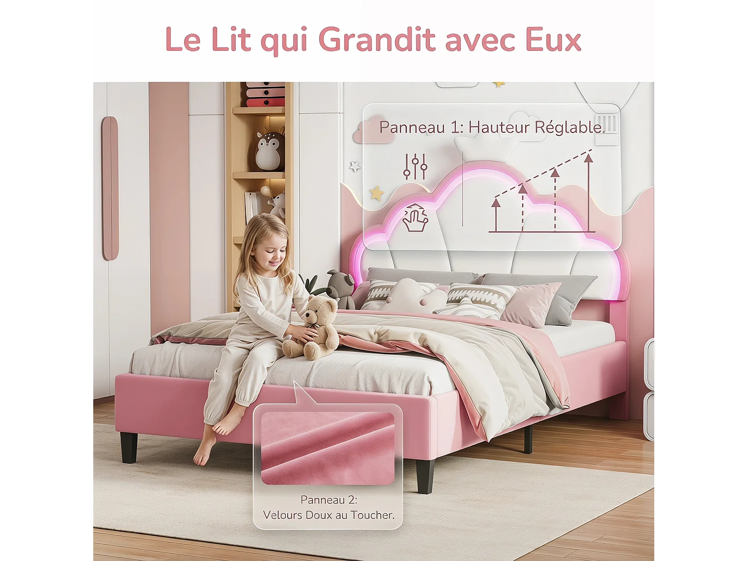 Lit Enfant Fille 140x190cm,Lits Princesse LED RGB,Tête de Lit Capitonné,Cadre de Lit Enfant avec Sommier Lattes,Velours Rose