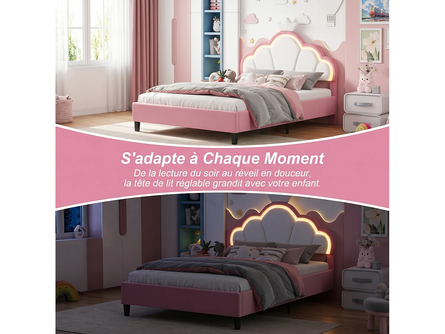 Lit Enfant Fille 140x190cm,Lits Princesse LED RGB,Tête de Lit Capitonné,Cadre de Lit Enfant avec Sommier Lattes,Velours Rose