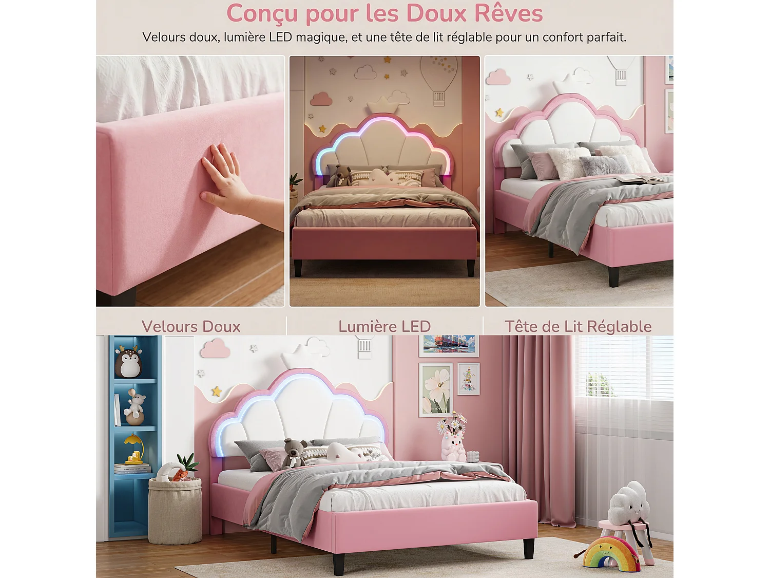 Lit Enfant Fille 140x190cm,Lits Princesse LED RGB,Tête de Lit Capitonné,Cadre de Lit Enfant avec Sommier Lattes,Velours Rose