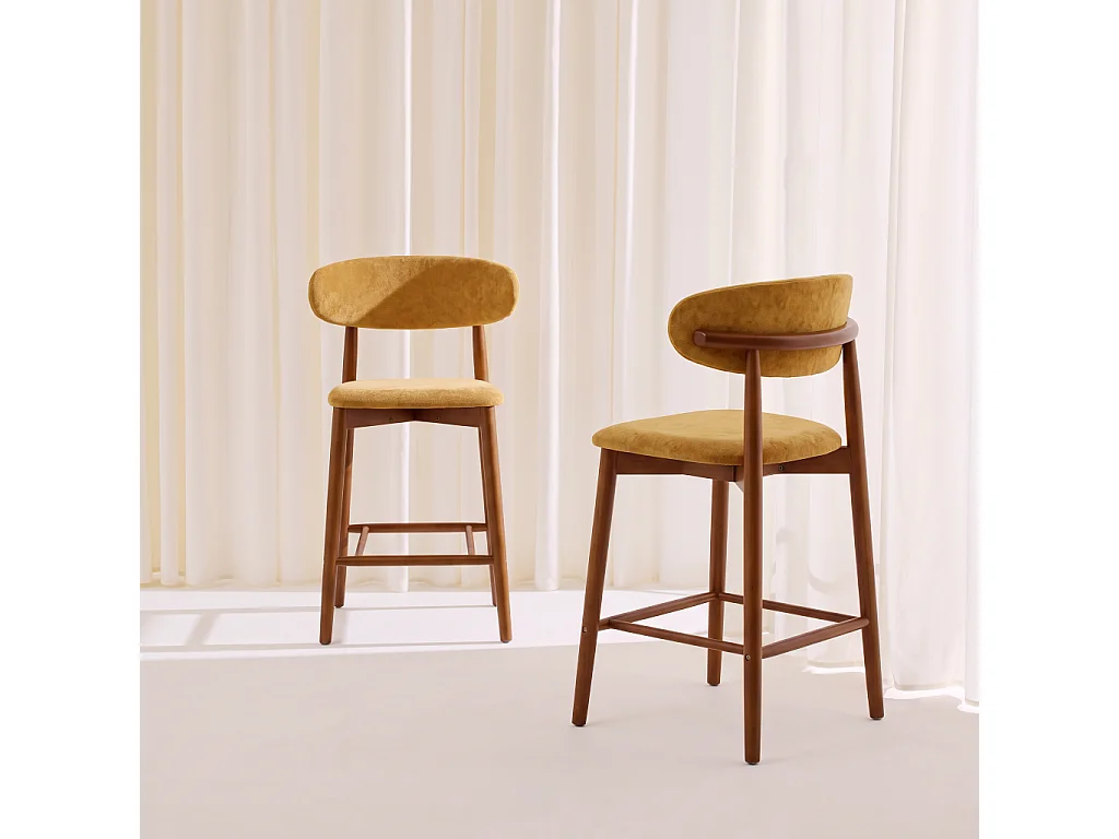 Taburete de bar de madera de hevea nogal y tela chenilla, set de 2,