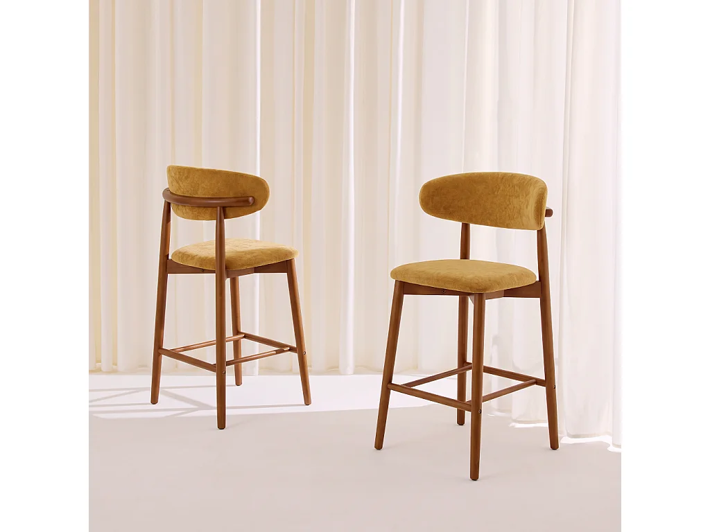 Taburete de bar de madera de hevea nogal y tela chenilla, set de 2,