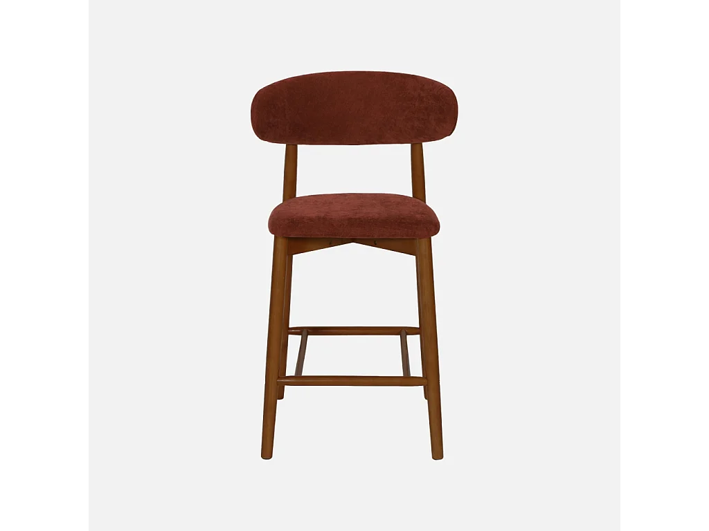 Lot de 2 tabourets de bar en bois d'hévéa noyer et tissu chenille bordeaux - Paola
