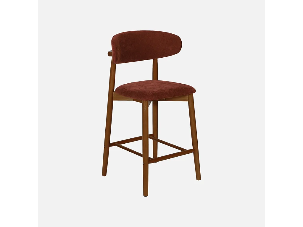 Lot de 2 tabourets de bar en bois d'hévéa noyer et tissu chenille bordeaux - Paola