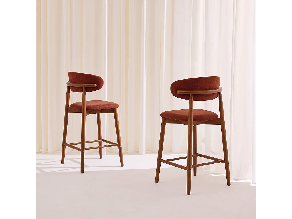 Taburete de bar de madera de hevea nogal y tela chenilla, set de 2,
