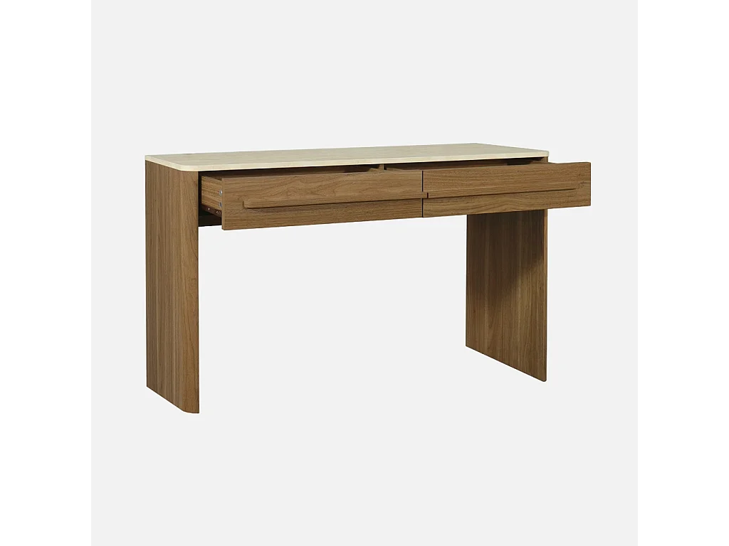 Console décor bois noyer et effet travertin 2 tiroirs 120cm - Aretha