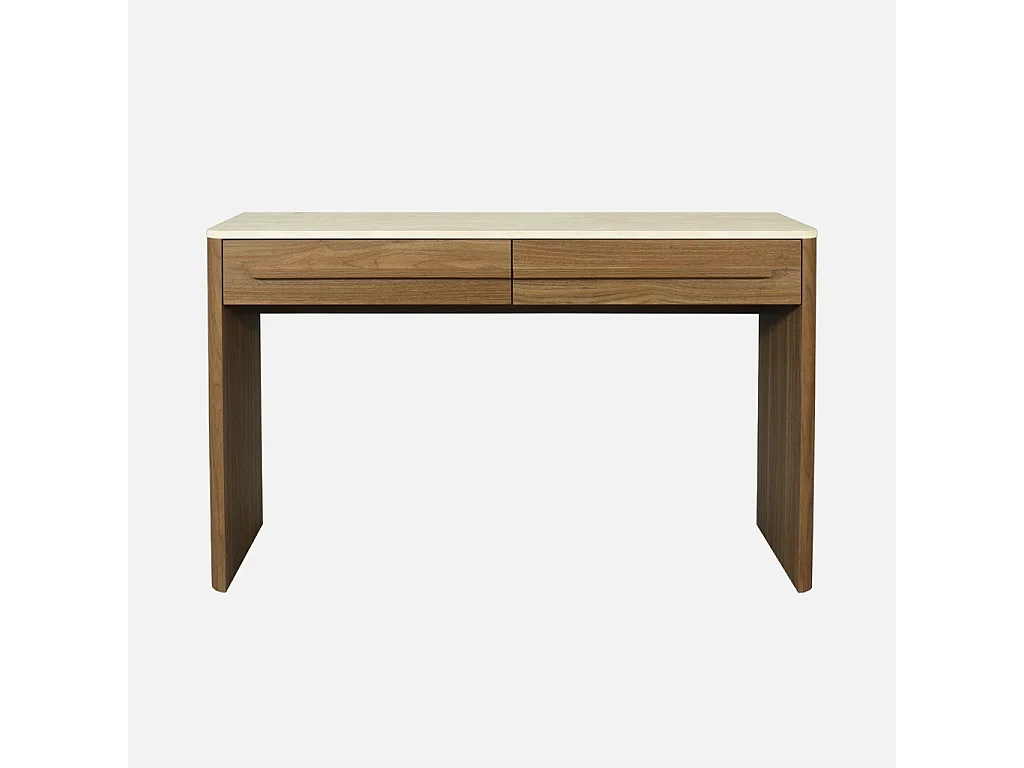 Console décor bois noyer et effet travertin 2 tiroirs 120cm - Aretha
