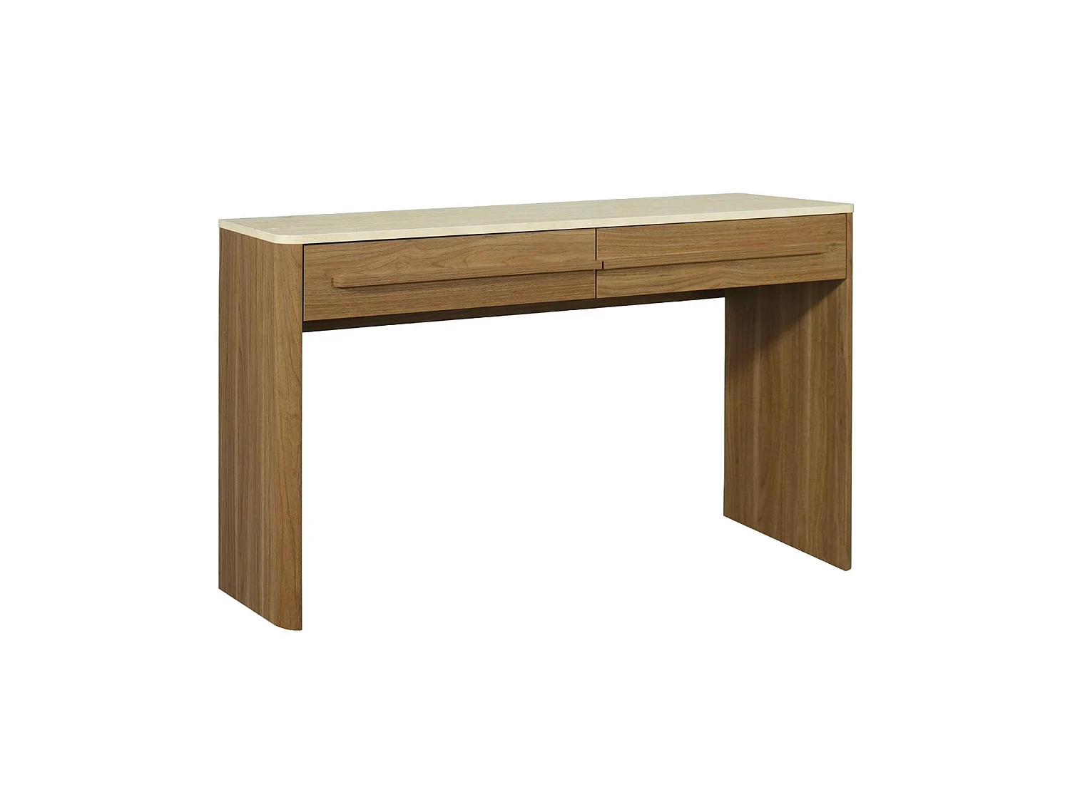 Console décor bois noyer et effet travertin 2 tiroirs 120cm - Aretha