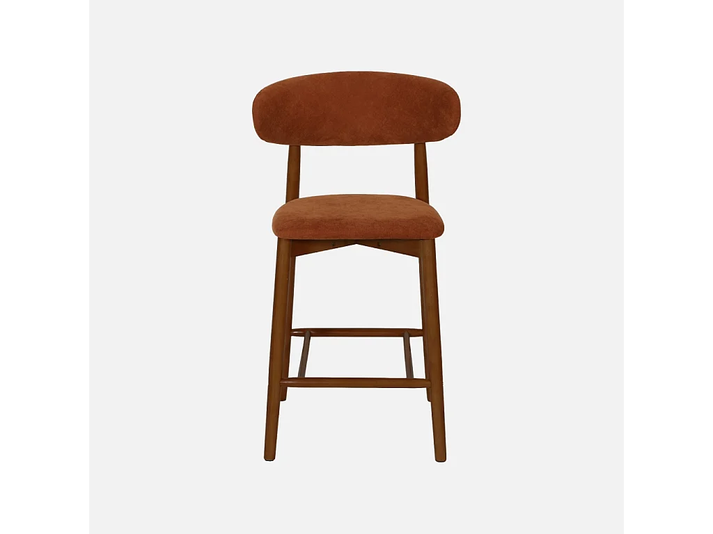 Lot de 2 tabourets de bar en bois d'hévéa noyer et tissu chenille terracotta - Paola