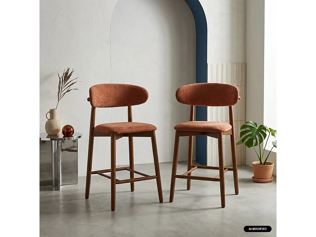 Lot de 2 tabourets de bar en bois d'hévéa noyer et tissu chenille terracotta - Paola