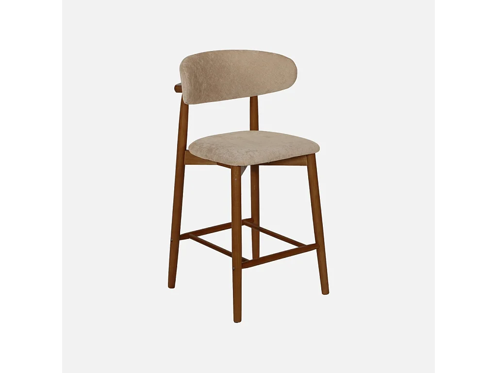Lot de 2 tabourets de bar en bois d'hévéa noyer et tissu chenille taupe - Paola