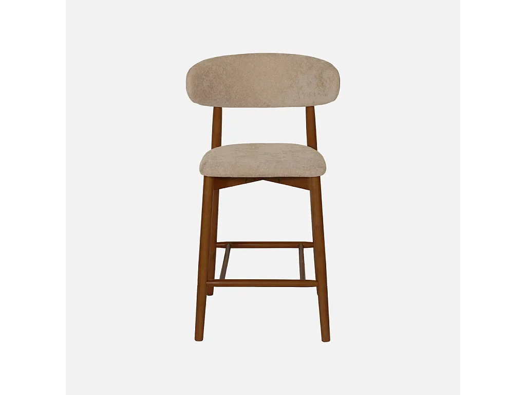 Lot de 2 tabourets de bar en bois d'hévéa noyer et tissu chenille taupe - Paola
