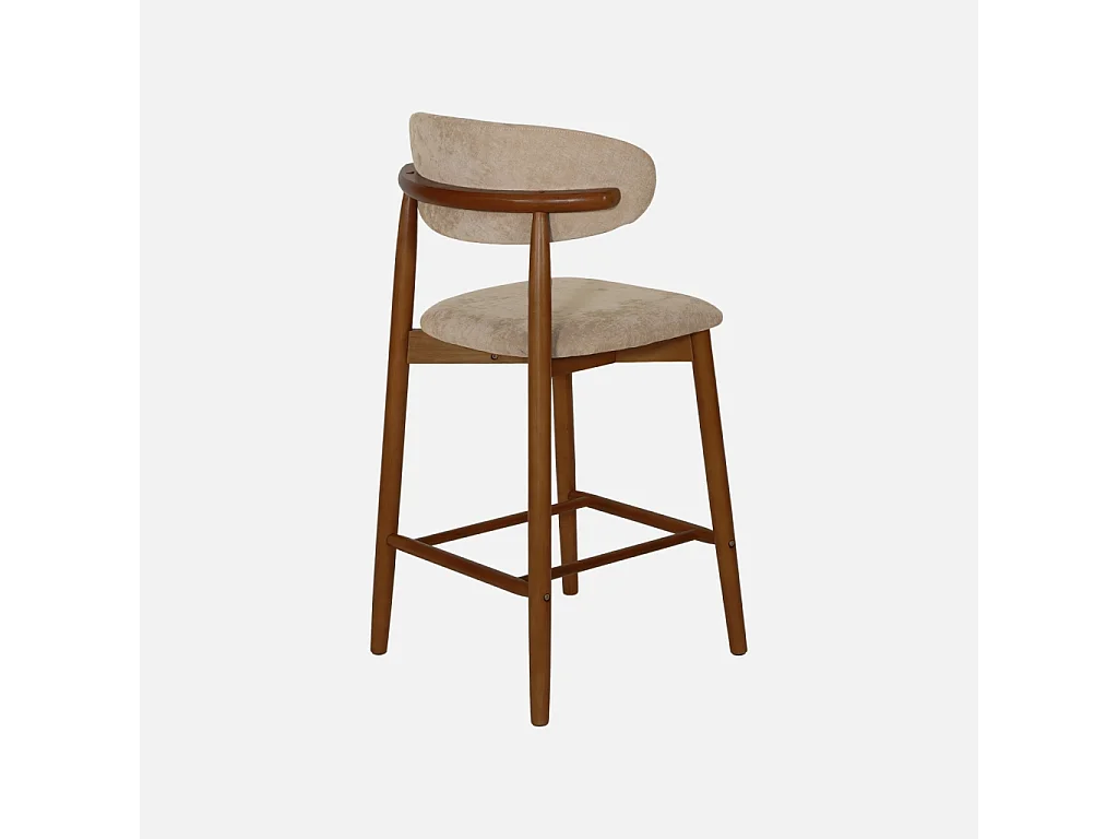 Lot de 2 tabourets de bar en bois d'hévéa noyer et tissu chenille taupe - Paola