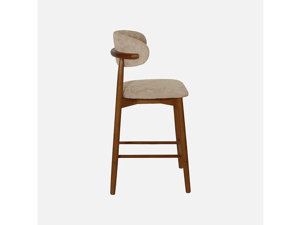 Lot de 2 tabourets de bar en bois d'hévéa noyer et tissu chenille taupe - Paola