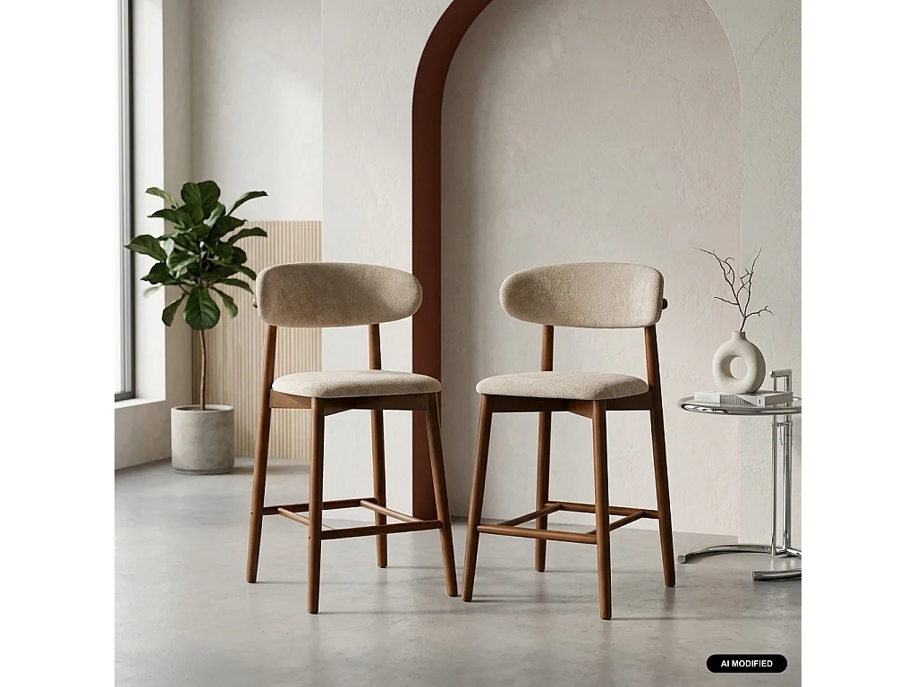 Lot de 2 tabourets de bar en bois d'hévéa noyer et tissu chenille taupe - Paola