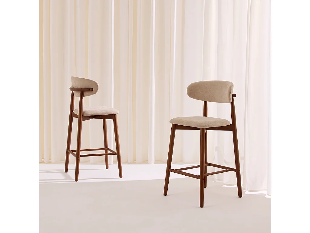 Taburete de bar de madera de hevea nogal y tela chenilla, set de 2,