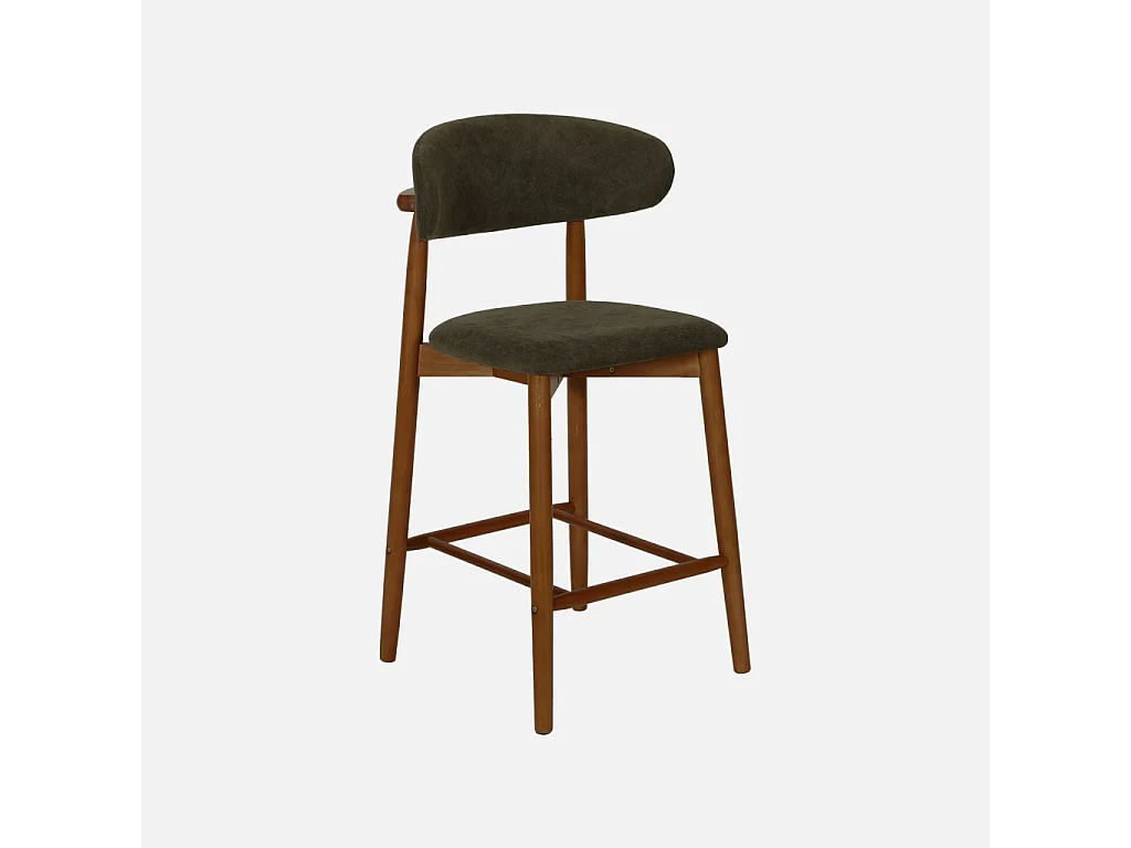 Lot de 2 tabourets de bar en bois d'hévéa noyer et tissu chenille kaki - Paola