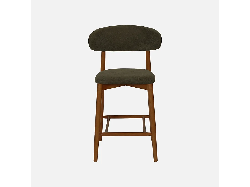 Lot de 2 tabourets de bar en bois d'hévéa noyer et tissu chenille kaki - Paola