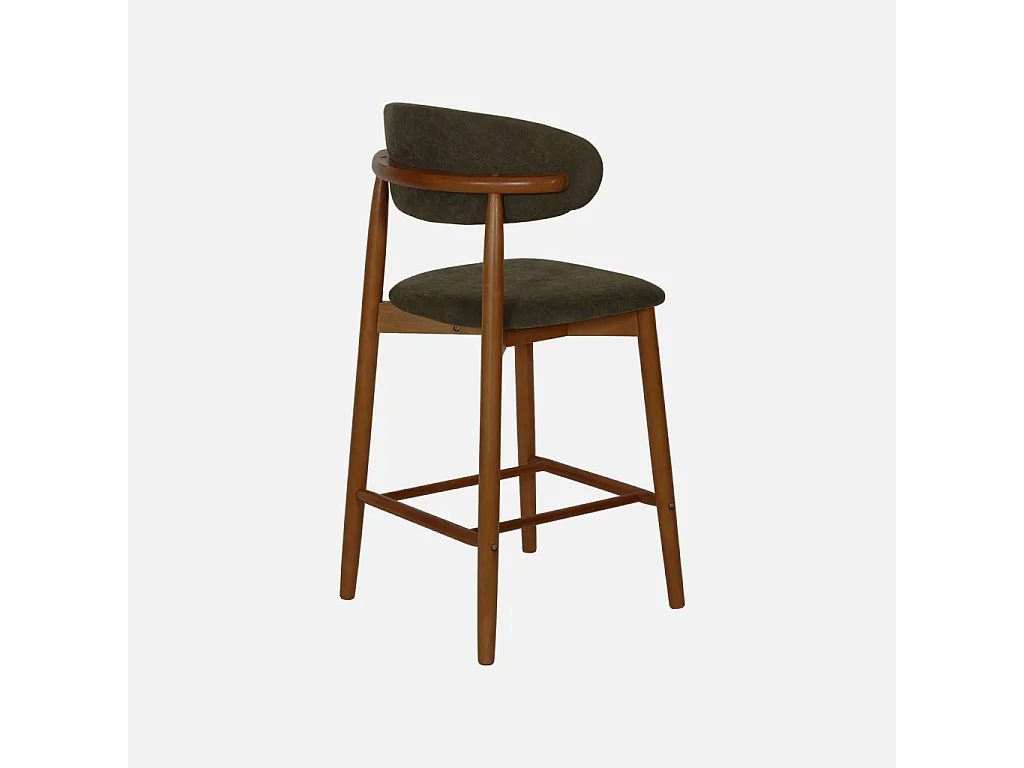 Lot de 2 tabourets de bar en bois d'hévéa noyer et tissu chenille kaki - Paola