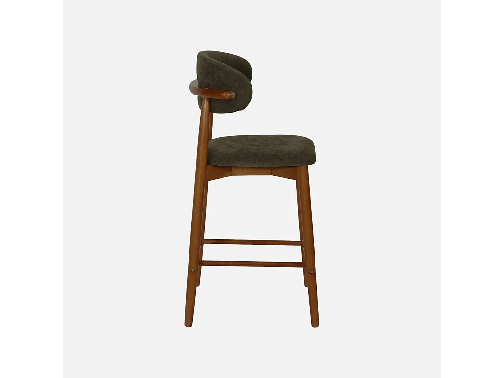 Lot de 2 tabourets de bar en bois d'hévéa noyer et tissu chenille kaki - Paola