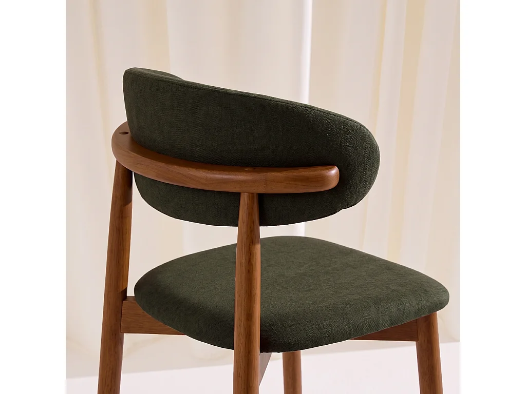 Lot de 2 tabourets de bar en bois d'hévéa noyer et tissu chenille kaki - Paola
