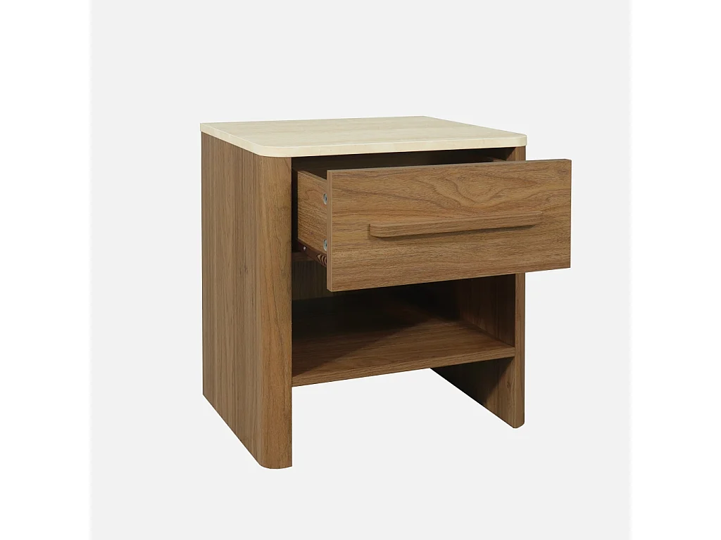 Table de chevet décor bois noyer et effet travertin 1 tiroir - Aretha
