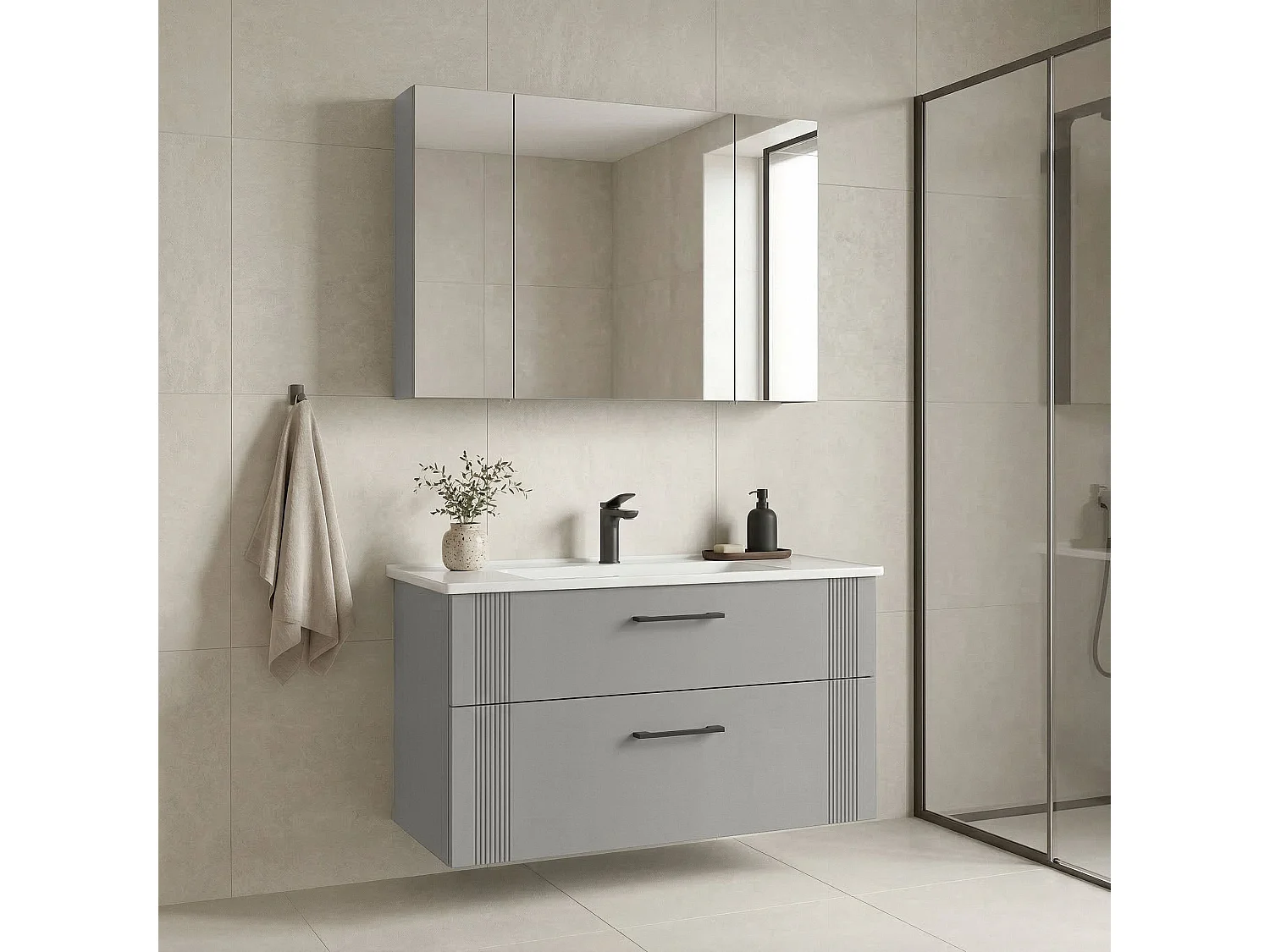 Ensemble Meuble Vasque avec Miroir (2 Pièces) "Bari 100 v2" - 100 x 45 x 55 cm - Matte Cashmere