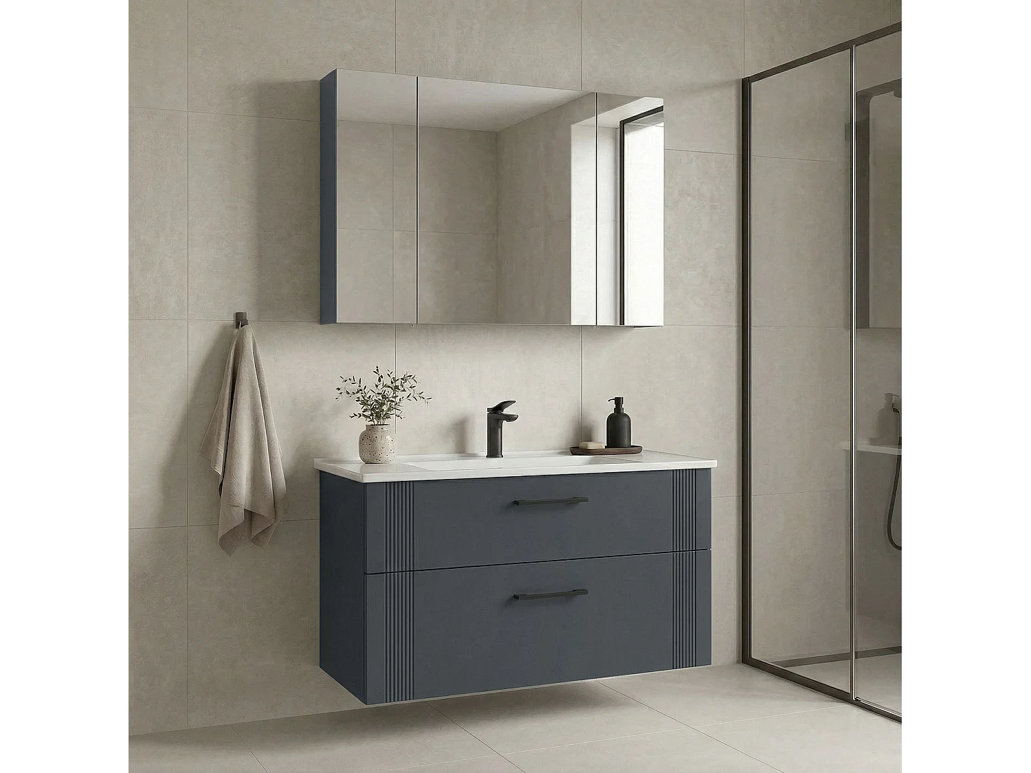 Ensemble Meuble Vasque avec Miroir (2 Pièces) "Bari 100 v2" - 100 x 45 x 55 cm - Matte Anthracite