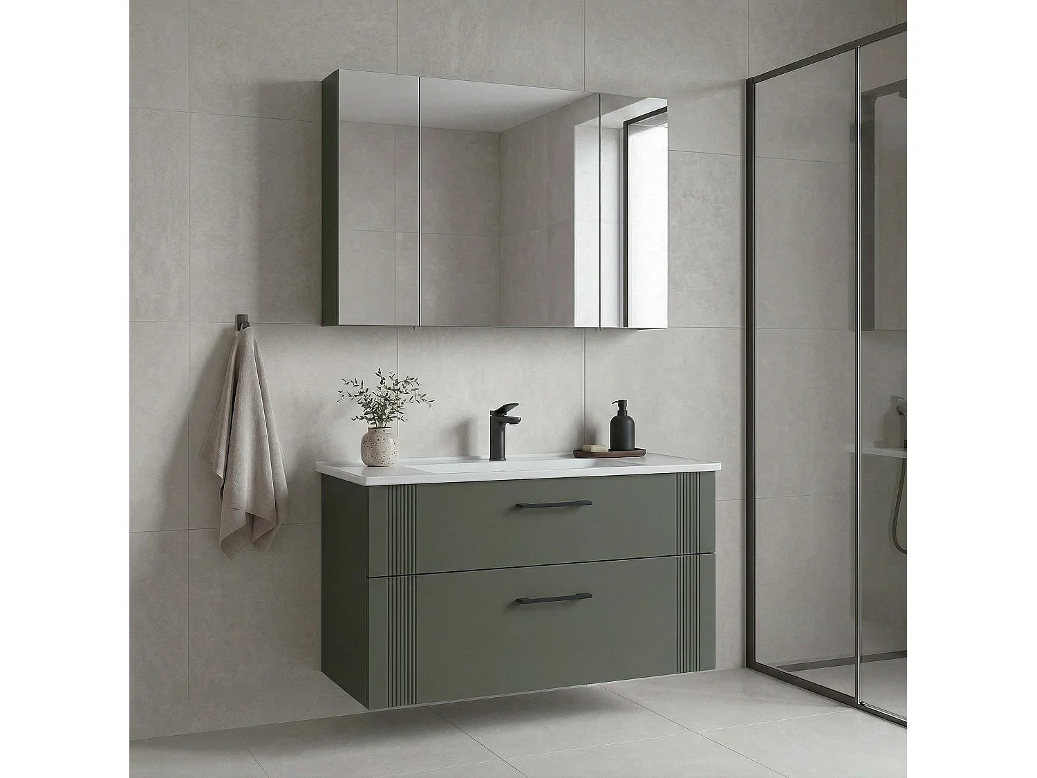 Ensemble Meuble Vasque avec Miroir (2 Pièces) "Bari 100 v2" - 100 x 45 x 55 cm - Matte Green